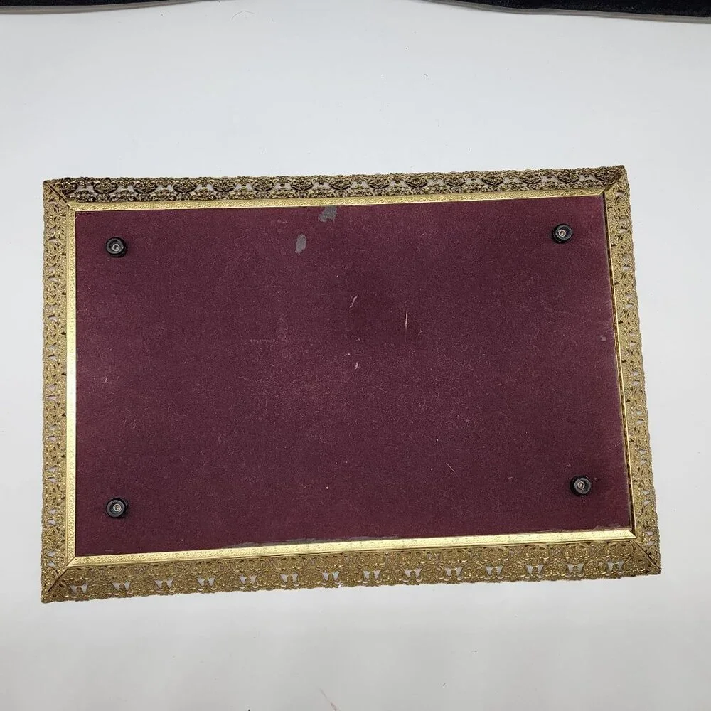 Gold Tone Filigree Mirrored Vanity Tray Wall Hanging Rectangle Hollywood Regency